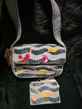 Playful Beaded Swimmers Shoulder Bag in Multi-Color W/Matching Coin Purse Set.